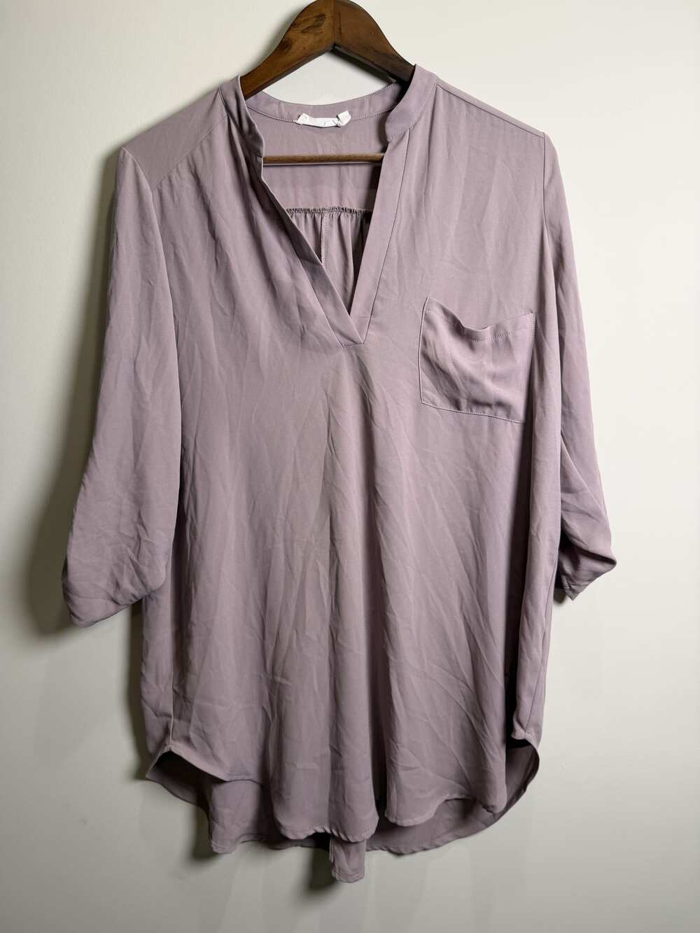 Lush Purple Long-Sleeve V-Neck Blouse with Chest Pocket, Size L